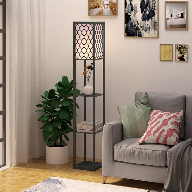 Stojací lampa s policemi - černé dřevo, 160cm, E27 40W