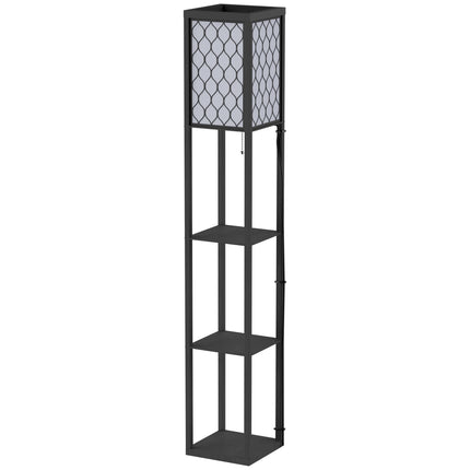 Stojací lampa s policemi - černé dřevo, 160cm, E27 40W