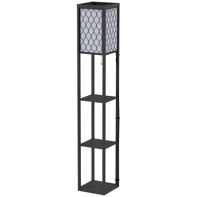 Stojací lampa s policemi - černé dřevo, 160cm, E27 40W