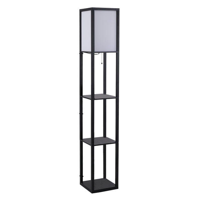 Černá dřevěná stojací lampa s policemi, patice E27, 160cm