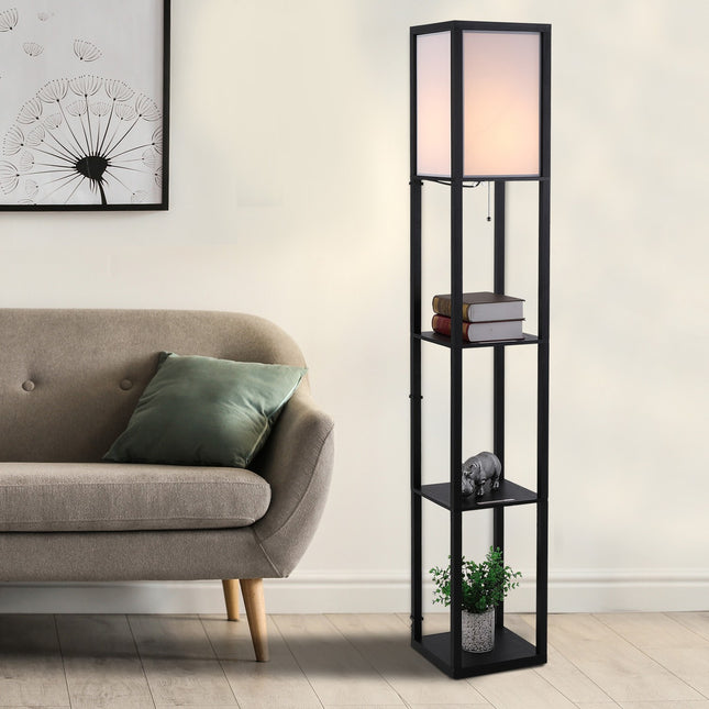 Černá dřevěná stojací lampa s policemi, patice E27, 160cm