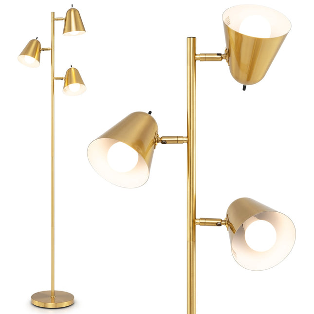 Stojací lampa se 3 nastavitelnými LED žárovkami E27, zlatá, 163cm