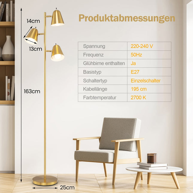 Stojací lampa se 3 nastavitelnými LED žárovkami E27, zlatá, 163cm