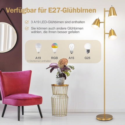 Floor Lamp with 3 Adjustable E27 LED Bulbs, Gold, 163cm