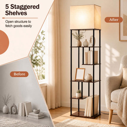 Floor Lamp with 5 Shelves 172 cm, Linen Shade, E27 Socket, Pull-Cord Switch