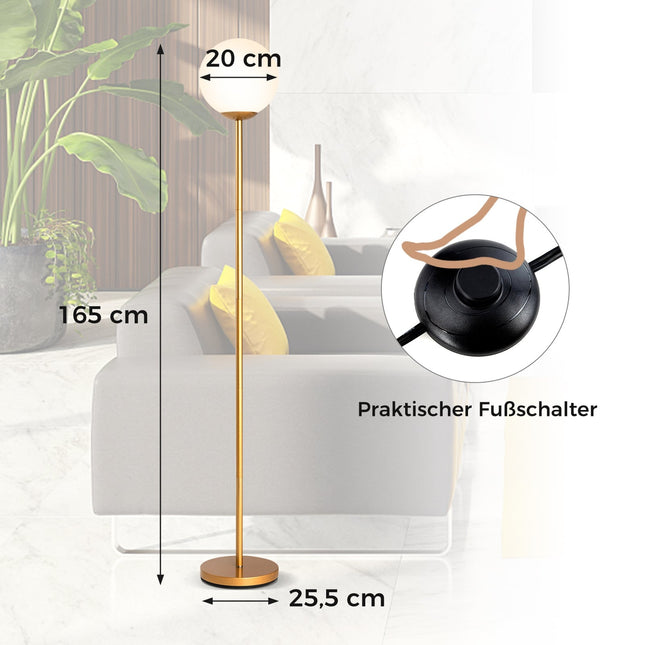Stojací lampa se skleněným stínidlem a nožním vypínačem, výška 165 cm