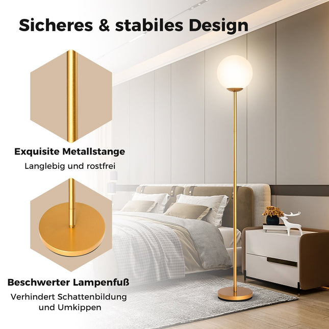 Stojací lampa se skleněným stínidlem a nožním vypínačem, výška 165 cm