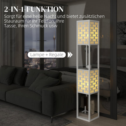 Stojací lampa s mřížkovým stínidlem a dvěma policemi, bílá