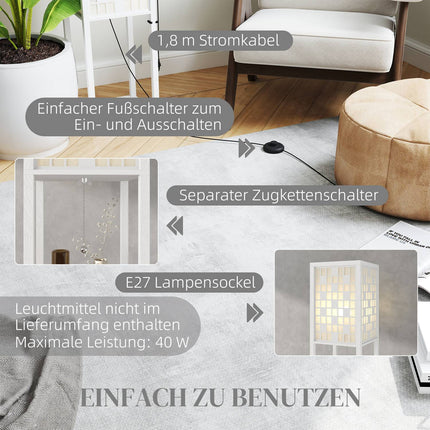 Stojací lampa s mřížkovým stínidlem a dvěma policemi, bílá
