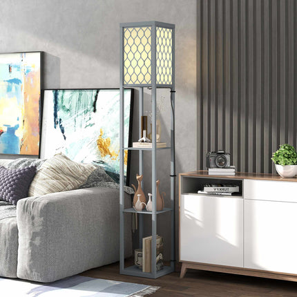 Stojací lampa s policemi, 3 patra, kompaktní MDF, světle šedá
