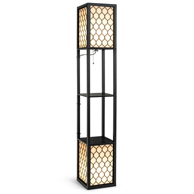 Stojací lampa s policemi, dvojité světlo, bílé stínidlo, 156 cm