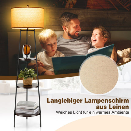 Stojací lampa s policemi, lněné stínidlo, patice E27