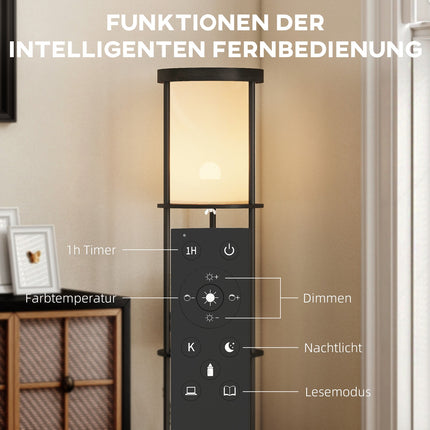 Stojací lampa s policemi, dálkové ovládání, nastavitelné světlo, černá