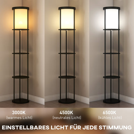 Stojací lampa s policemi, dálkové ovládání, nastavitelné světlo, černá