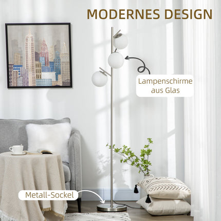 Stojací lampa 40W E27, stříbrná a bílá, 169 cm, 3 skleněná stínidla