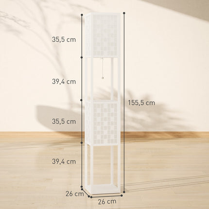 Stojací lampa s mřížkovým stínidlem a dvěma policemi, bílá