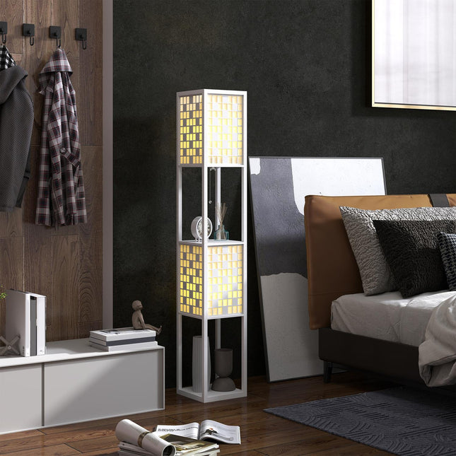 Stojací lampa s mřížkovým stínidlem a dvěma policemi, bílá