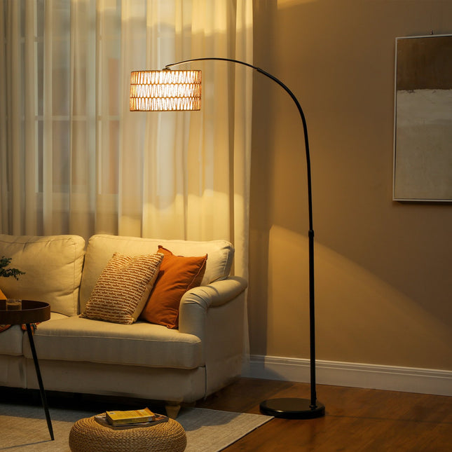 Nastavitelná černá stojací lampa s lněným stínidlem do obývacího pokoje