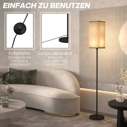 Moderní černá stojací lampa se stínidlem ve vzhledu lnu, nožní vypínač