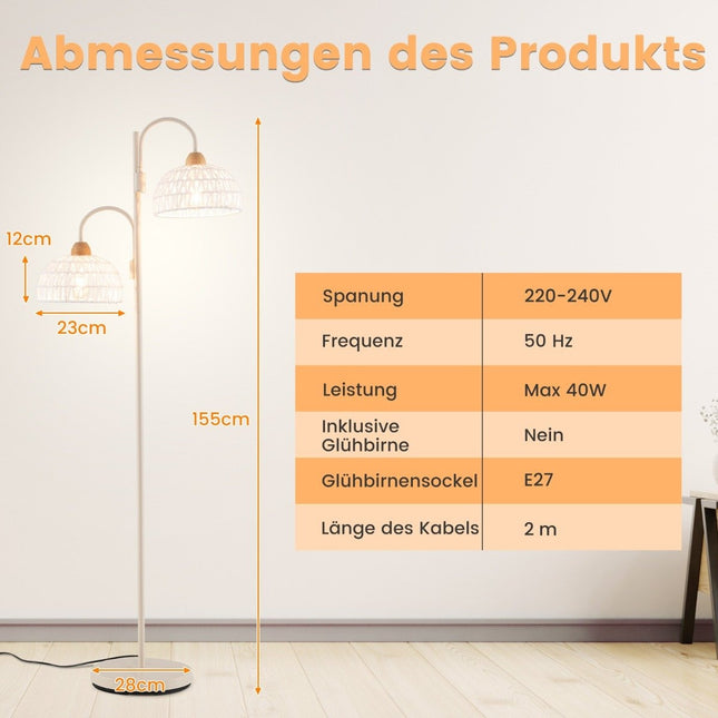 Stojací lampa se 2 světly a nožním vypínačem, otočná o 350°, pletená stínidla