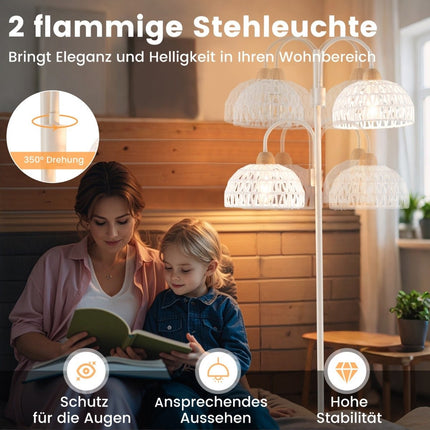 Floor lamp with 2 lights & foot switch 350° rotatable tree lamp woven lampshades