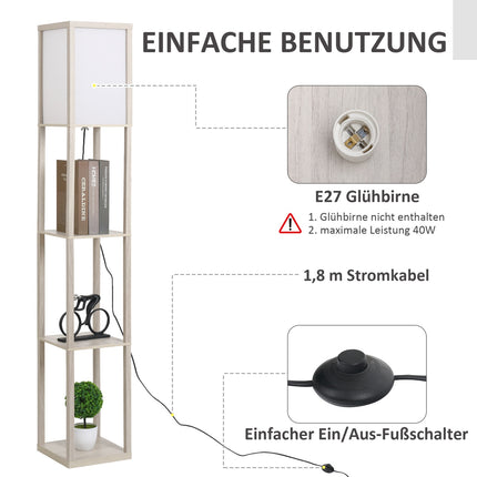 Stojací lampa s policemi - dub a bílá, E27 40W, 160cm