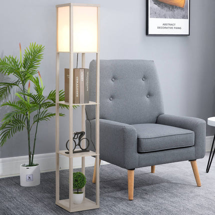 Stojací lampa s policemi - dub a bílá, E27 40W, 160cm