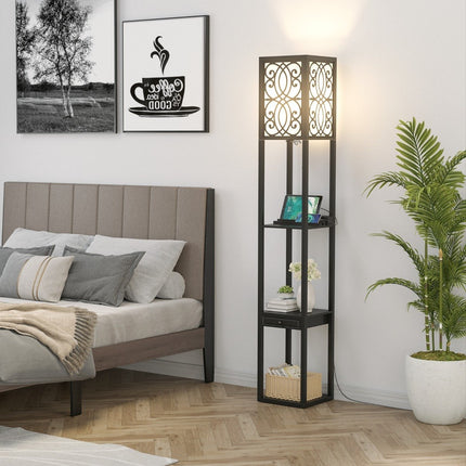 Stojací lampa s policemi a zásuvkou do obývacího pokoje a ložnice 26 x 26 x 160.5 cm, černá