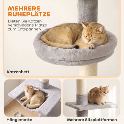 Floor-to-Ceiling Cat Tree 230-260 cm with 5 Levels, 3 Sisal Posts, Light Grey