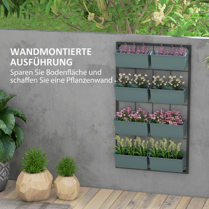 Wall-hung flower stand with 8 pots - Dark green