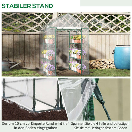Průchozí skleník s policemi - ocelová PVC konstrukce