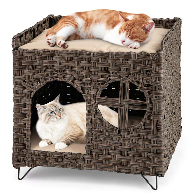 Faltbares Katzenhaus aus Rattan mit 2 Ebenen und Kissen