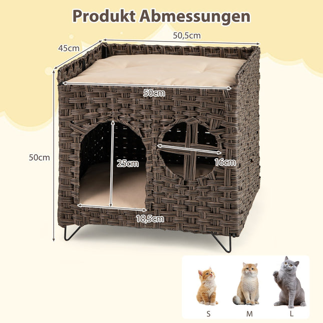 Faltbares Katzenhaus aus Rattan mit 2 Ebenen und Kissen