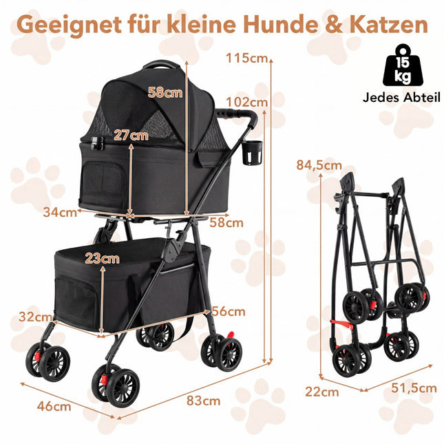 Faltbarer 3-in-1-Haustierwagen mit zwei Transportboxen, Schwarz