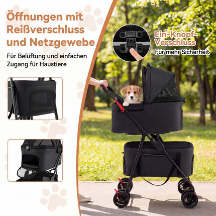 Foldable 3-in-1 Pet Stroller with Dual Carriers, Black