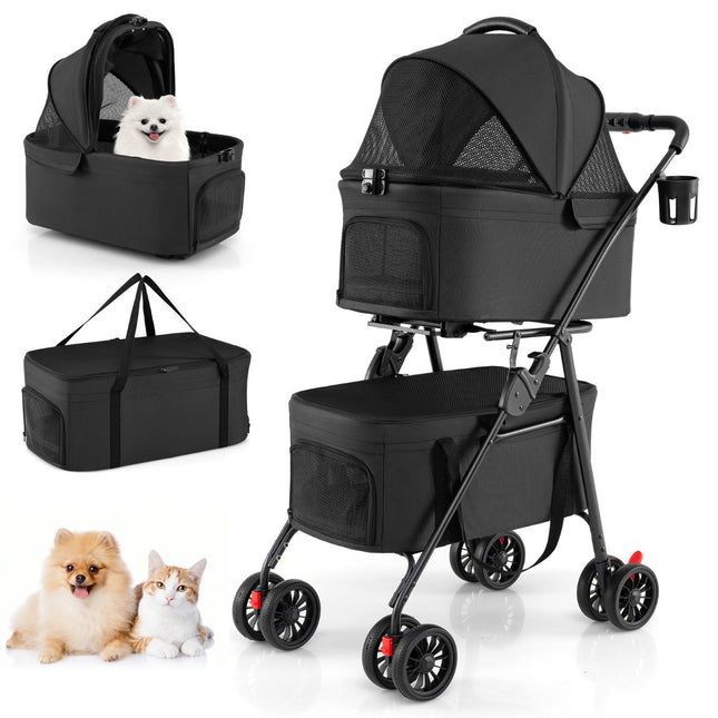 Faltbarer 3-in-1-Haustierwagen mit zwei Transportboxen, Schwarz