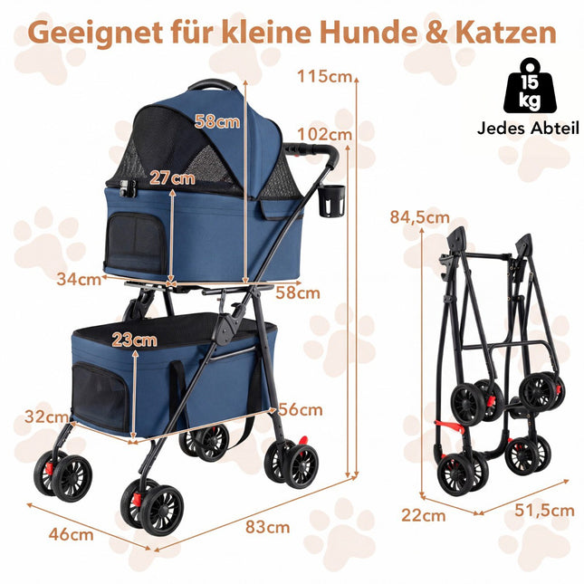 Faltbarer 3-in-1-Haustierwagen mit zwei Transportboxen, Blau
