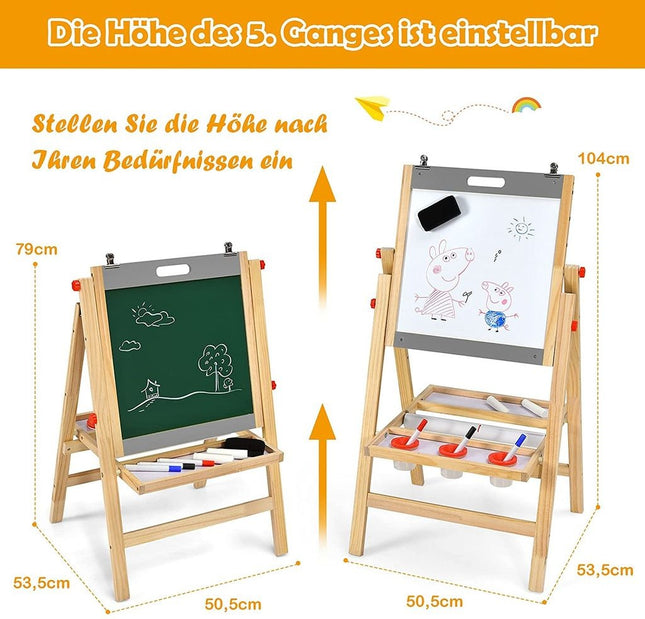 Skládací dětská tabule 3v1, výškově nastavitelná dřevěná tabule 50.5 x 53.5 x 79-104 cm, přírodní + šedá