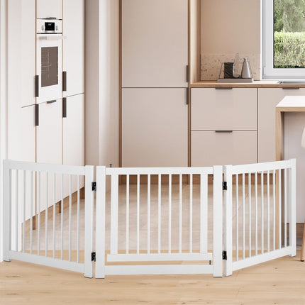 Foldable 3-part dog barrier with pinewood gate for doors/stairs, 61cm high, white
