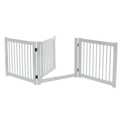 Foldable 3-part dog barrier with pinewood gate for doors/stairs, 61cm high, white