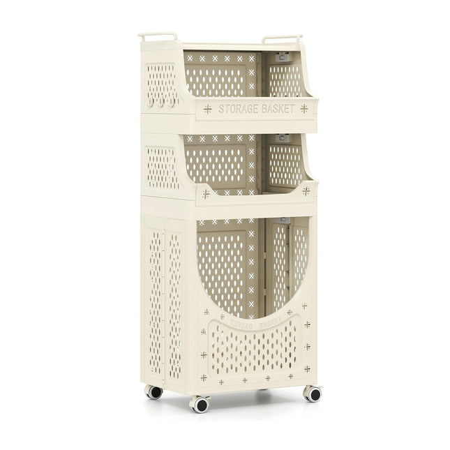 Opvouwbare wasmand met 4 etages en vergrendelbare wielen, beige