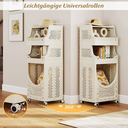 Faltbarer Wäschewagen mit 4 Etagen und feststellbaren Rollen, Beige
