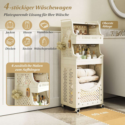 Faltbarer Wäschewagen mit 4 Etagen und feststellbaren Rollen, Beige