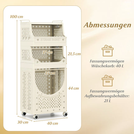 Faltbarer Wäschewagen mit 4 Etagen und feststellbaren Rollen, Beige