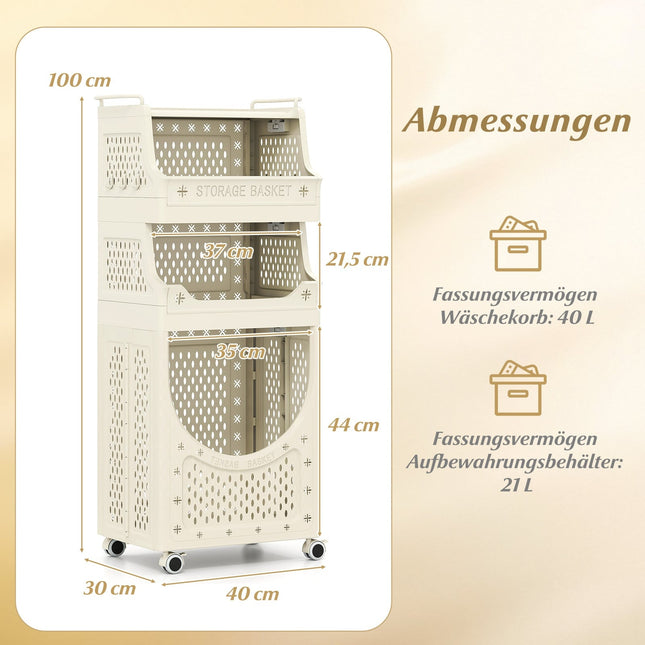 Opvouwbare wasmand met 4 etages en vergrendelbare wielen, beige