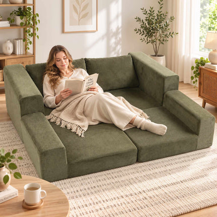 Foldable 4-in-1 Sofa Bed 2-Seater with Back Cushions, Green, Chenille