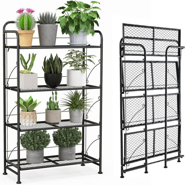 Foldable 4-tier metal plant stand with adjustable shelf can hold up to 40 kg