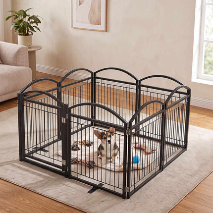 Foldable 8-Panel Metal Dog Gate with Door, 480x81cm, Black