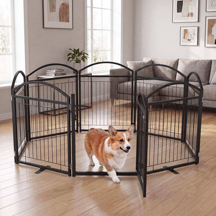 Foldable 8-Panel Metal Dog Gate with Door, 480x81cm, Black
