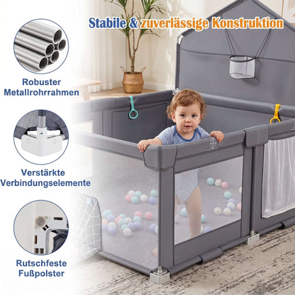 Foldable Baby Playpen with Basketball Hoop & Soccer Goal